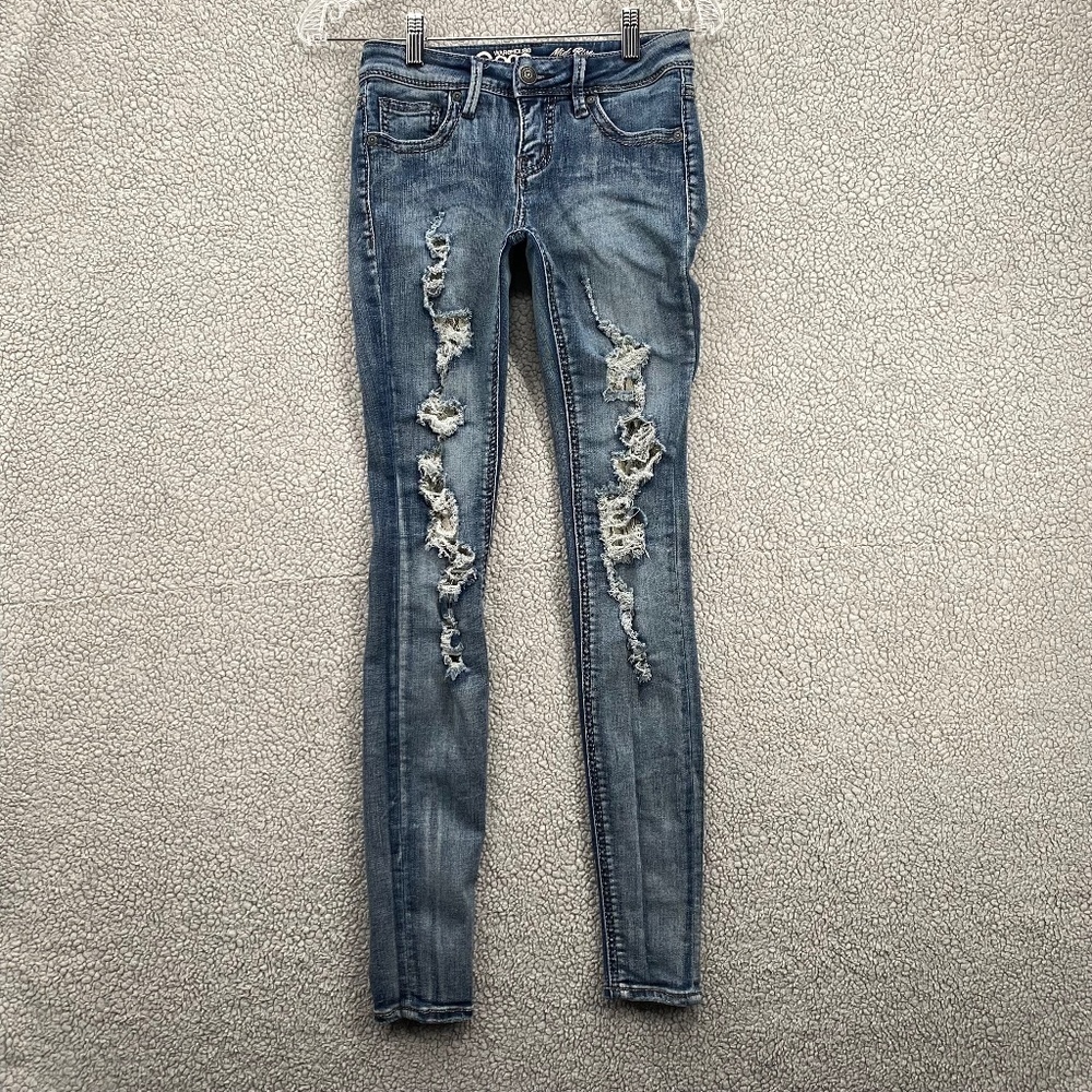 Warehouse one Jeans Womens 24 Mid Rise Skinny Ripped Distressed Blue Denim